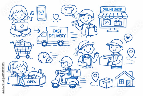 E Commerce Process Illustration with Online Shopping, Delivery, Payments and Customer Experience Concept