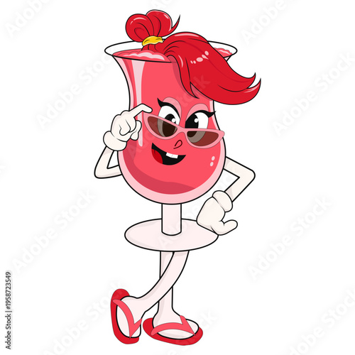 Vector illustration of a cute cocktail glass mascot character in cartoon style with sunglasses and stylish pose.