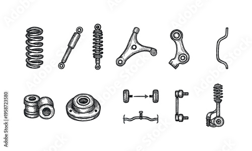 Collection of hand-drawn automotive suspension and steering components on a white background