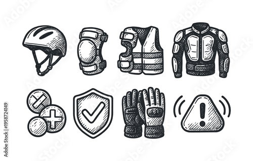 Collection of hand-drawn icons representing personal safety and protective gear for activities