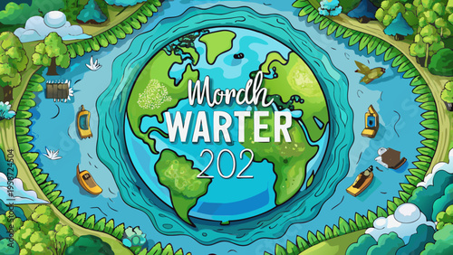 Earth illustration, globe with water cycle, eco-friendly concept, educational graphics