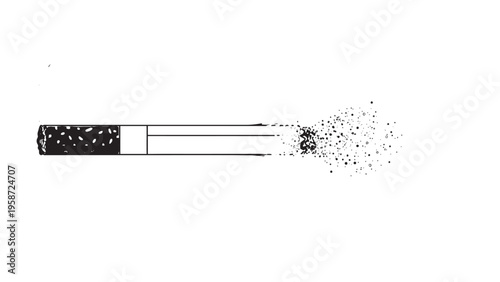 Close-up of a Burning Cigarette with Ash and Smoke on a White Background.