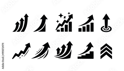 Collection of upward trending arrow icons representing growth and success