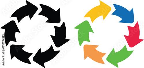 Circular arrows representing recycling and process cycles with different color variations