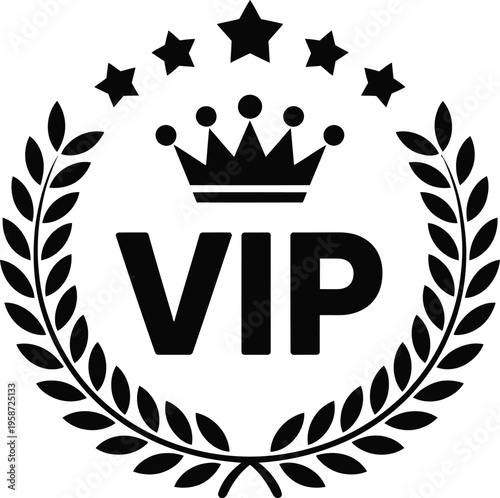 Elegant black and white vip badge featuring a crown and laurel wreath design