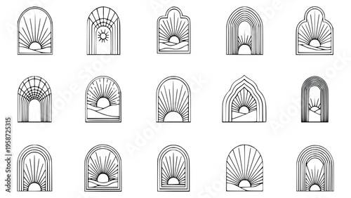 Various arched window designs with sunburst patterns and sunrise views in black line art on white background for architecture and decoration inspiration