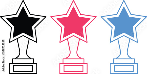 Three differently colored star-shaped trophies on pedestals displayed side by side