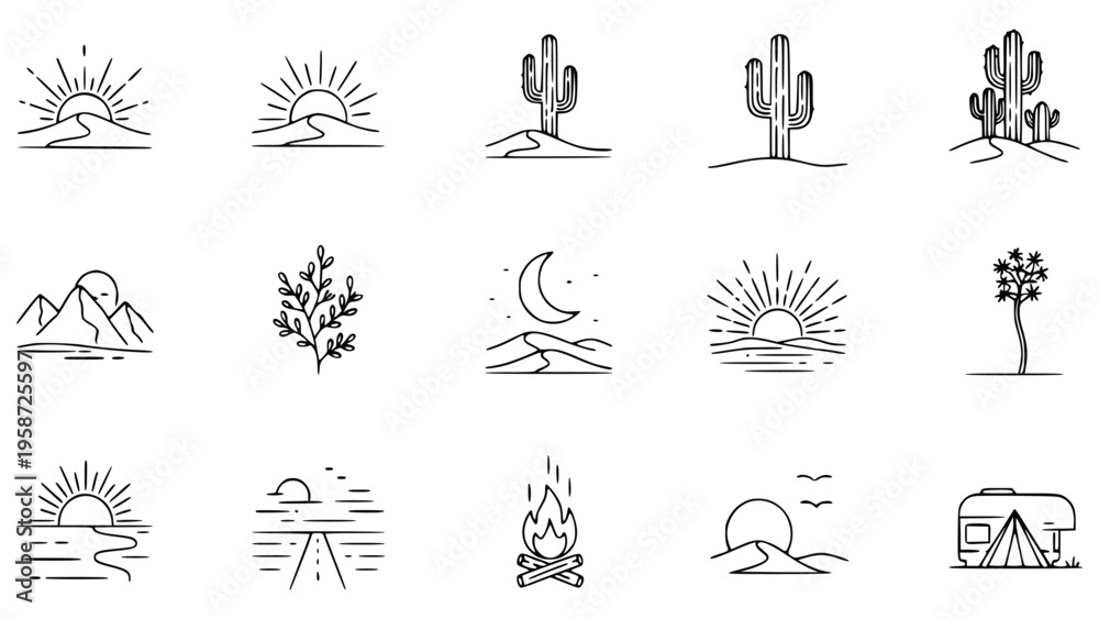 Obraz premium Minimalist desert landscape icons featuring mountains, cacti, sun, moon, and camping elements in simple line art style for design use