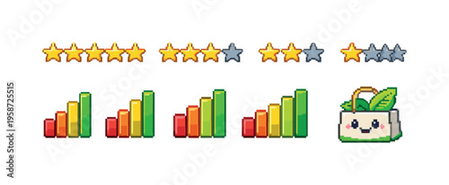 Pixel art rating icons featuring stars, bar graphs, and a cute shopping bag