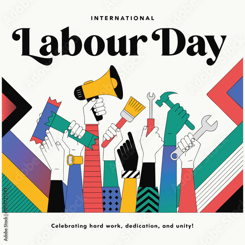 International labour day celebration poster with diverse workers and megaphone