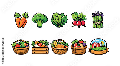 Colorful assortment of fresh vegetables in baskets and crates, plus farm scene