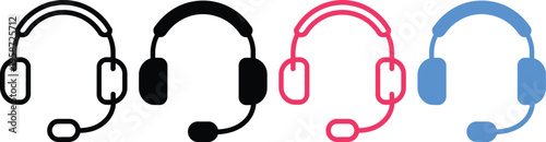 Four stylized headsets in different colors displayed side by side