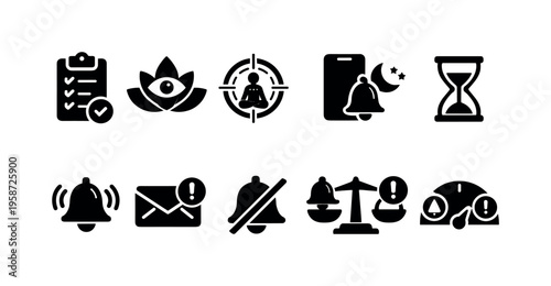 Collection of modern icons representing focus, notifications, and time management concepts