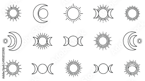 Minimalist line art illustrations of suns and moons in various phases and combinations on white background