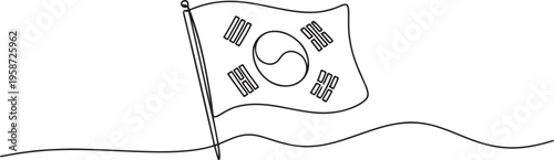 A Korean flag flying in the air. National liberation day of Korea one-line drawing. One line draw graphic design vector