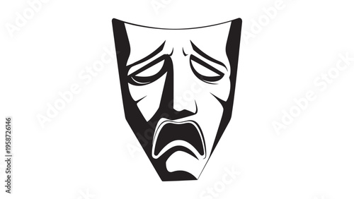 Black and White Sad Face Mask Illustration Expressing Sorrow and Melancholy.