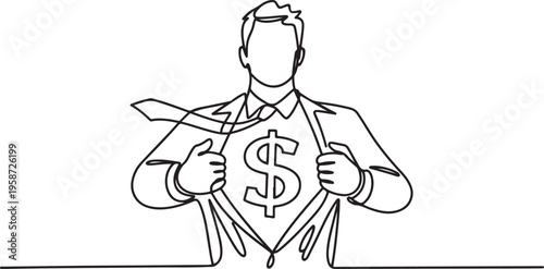 continuous line drawing of a superhero business man tearing his shirt showing his costume chest underneath with dollar sign vector illustration. One line draw graphic design vector