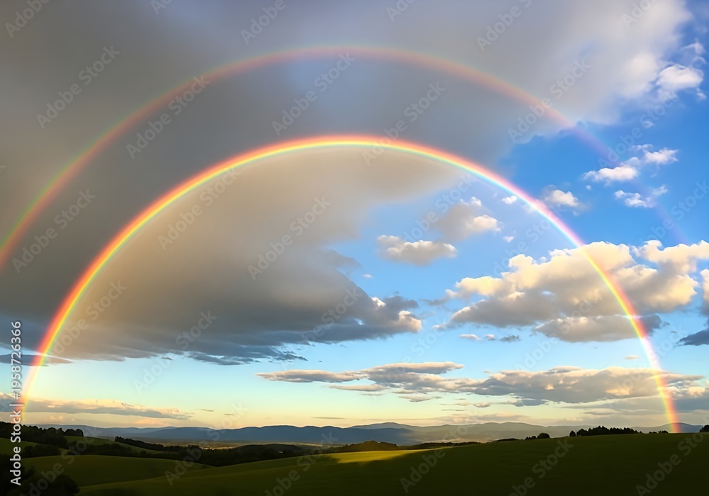 Obraz premium Vibrant double rainbow arches over lush green landscape with blue sky and white clouds