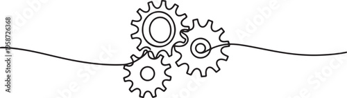 Continuous line drawing of gears wheel. One line draw graphic design vector