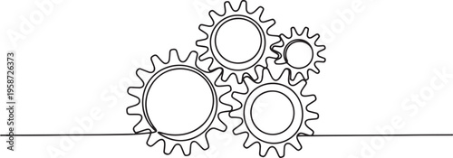 Continuous line drawing of gears wheel. One line draw graphic design vector