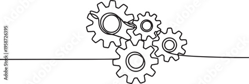Continuous line drawing of gears wheel. One line draw graphic design vector