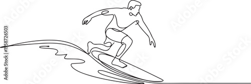 Single one line drawing male surfer athlete in action on the waves. Representing the balance, concentration, and thrilling lifestyle of sport. One line draw graphic design vector