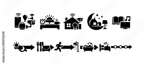 Smart home icons illustrating daily routine and automation for modern living