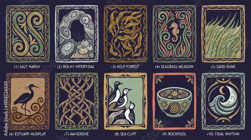 Vintage coastal ecosystem illustration set, 10 nautical linocut posters, marine life and ocean habitat vector art, retro maritime nature cards