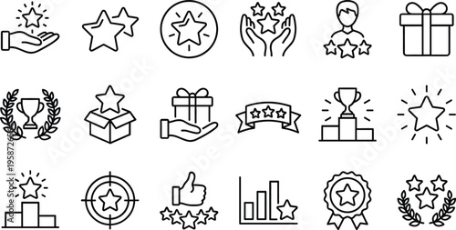A set of line art icons representing awards and recognition in a vector design concept, featuring stars, trophies, gifts, and certificates in a simple silhouette style.