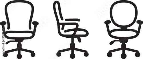 Office chair editable vector illustration on white background. Chair Line art, clip art. Hand-drawn design elements. Vector Illustration with Front, Side, and Top Views.