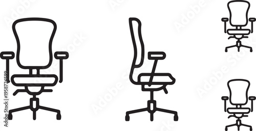 Office chair editable vector illustration on white background. Chair Line art, clip art. Hand-drawn design elements. Vector Illustration with Front, Side, and Top Views. 