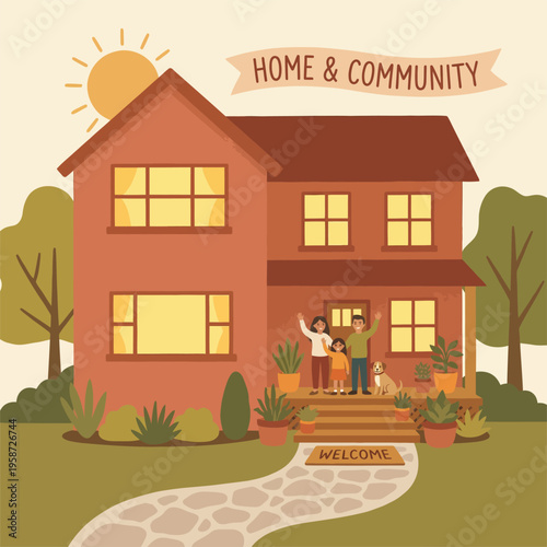 Family waves on porch of welcoming home