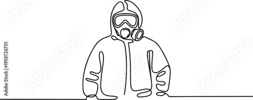 One continuous single drawing line art flat doodle man, safety, suit, chemical, protective. Isolated image hand draw contour on a white background. One line draw graphic design vector
