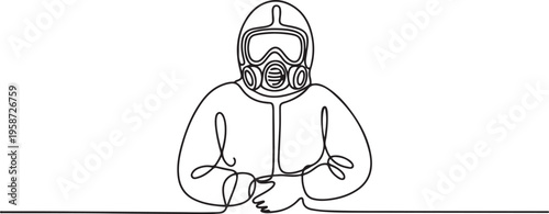 One continuous single drawing line art flat doodle man, safety, suit, chemical, protective. Isolated image hand draw contour on a white background. One line draw graphic design vector