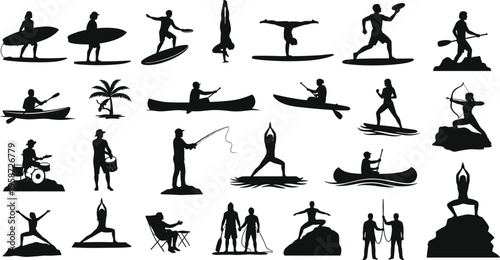 Outdoor adventure silhouettes sports activities collection surfing kayaking yoga hiking fishing camping vector icons black isolated set design
