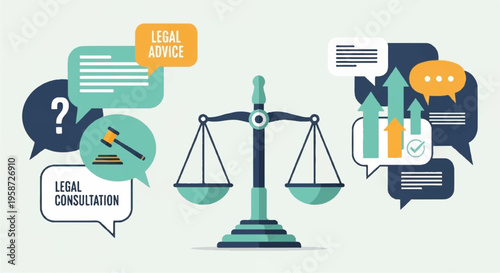 Law scale with legal consultation speech bubbles and lawyer advice text symbolizing justice and legal expertise in a professional setting