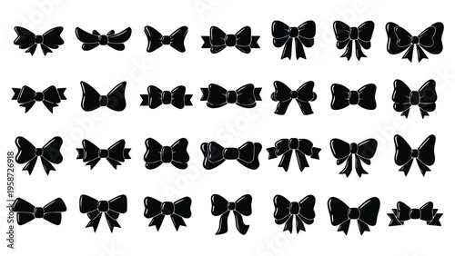Black bow tie icons in various styles and designs for decoration and fashion