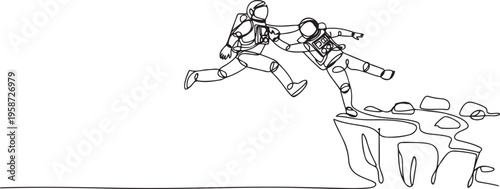 Single continuous line drawing young astronaut kick throw colleague off cliff or hill. Eliminate rival coworker. Rivalry and competition. One line draw graphic design vector