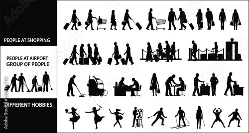 People silhouettes shopping airport hobbies activities collection travelers workers cleaning dancing skiing vector isolated black lifestyle illustration set