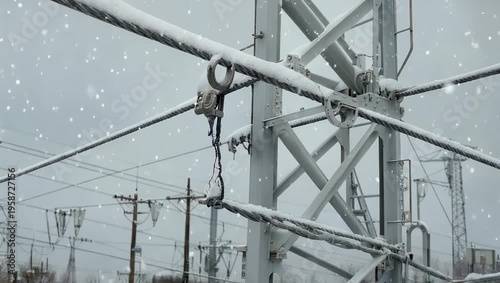 Dramatic 4K aerial animation of heavy snowstorm causing power outage featuring flickering sparks and faulty electrical cables on transmitter tower during intense winter weather