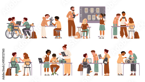 Diverse school students working together on educational projects sitting at desk flat vector illustrations set isolated on white.