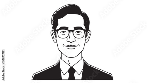 Black and White Illustration of a Man Wearing Glasses and Formal Attire.