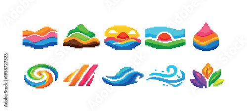 Collection of abstract pixel art nature icons representing landscapes and elements