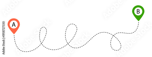 Squiggle dashed path line showing a route between two points, A and B vector illustration