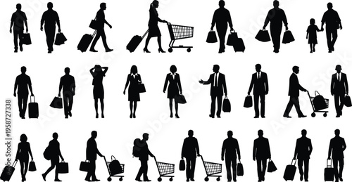 People silhouettes walking shopping travel luggage cart urban lifestyle business characters vector isolated black modern activity illustration set