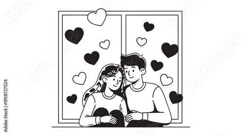 A Couple Sitting Together at a Romantic Date with Heart Decorations in the Background.