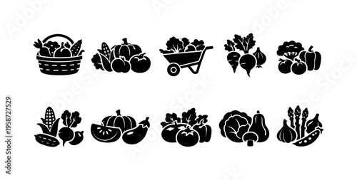 Collection of simple black and white icons representing various fresh vegetables and harvest
