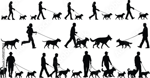 People walking dogs silhouettes set, pet owners with leashed animals, outdoor activity collection, isolated black figures, lifestyle and companionship concept