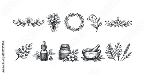 Hand-drawn botanical elements and essential oil bottles for natural wellness and beauty