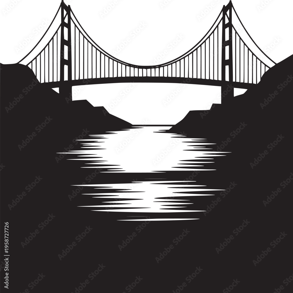 Fototapeta premium Silhouette of a suspension bridge crossing water between landmasses in black and white scenery